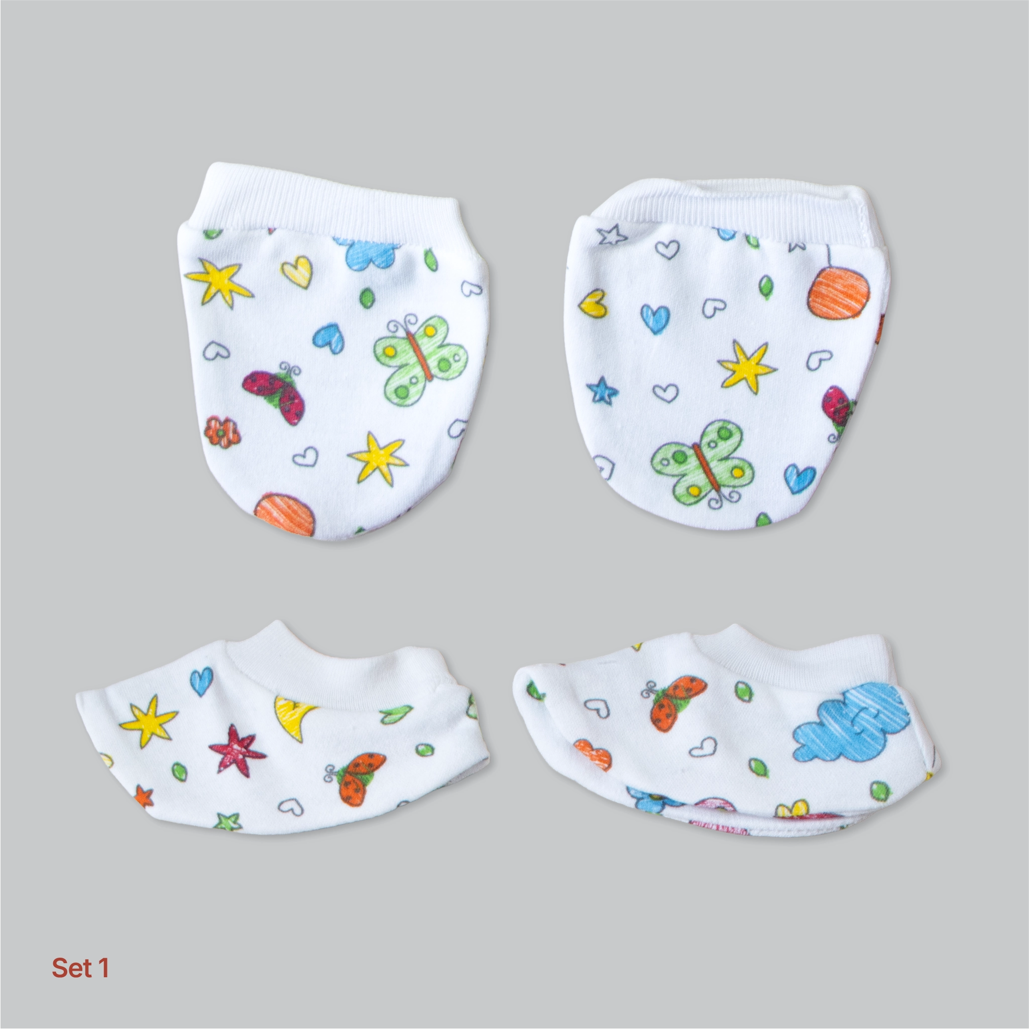 Kids Boon 4-Piece Baby Mittens and Booties Combo Set – 2 Pairs Soft Cotton Booties & 2 Pairs Scratch-Prevention Mittens for Newborns & Infants