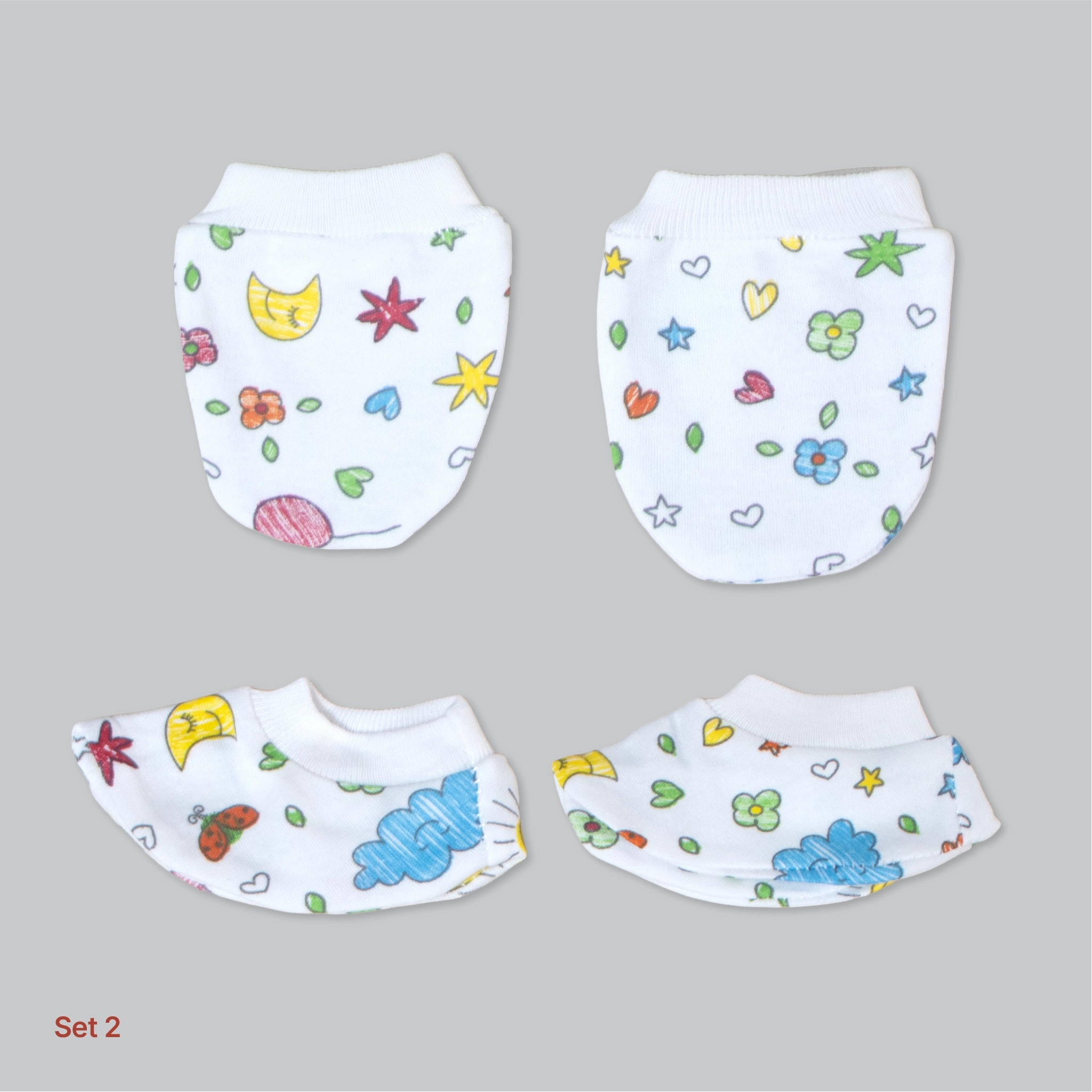 Kids Boon 4-Piece Baby Mittens and Booties Combo Set – 2 Pairs Soft Cotton Booties & 2 Pairs Scratch-Prevention Mittens for Newborns & Infants